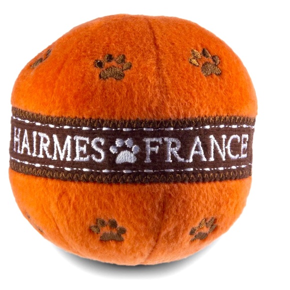 NEW “Hairmes” Ball Plush Designer squeaky Dog Toy. Orange + Brown Logo Ribbon🐾 - Picture 1 of 7